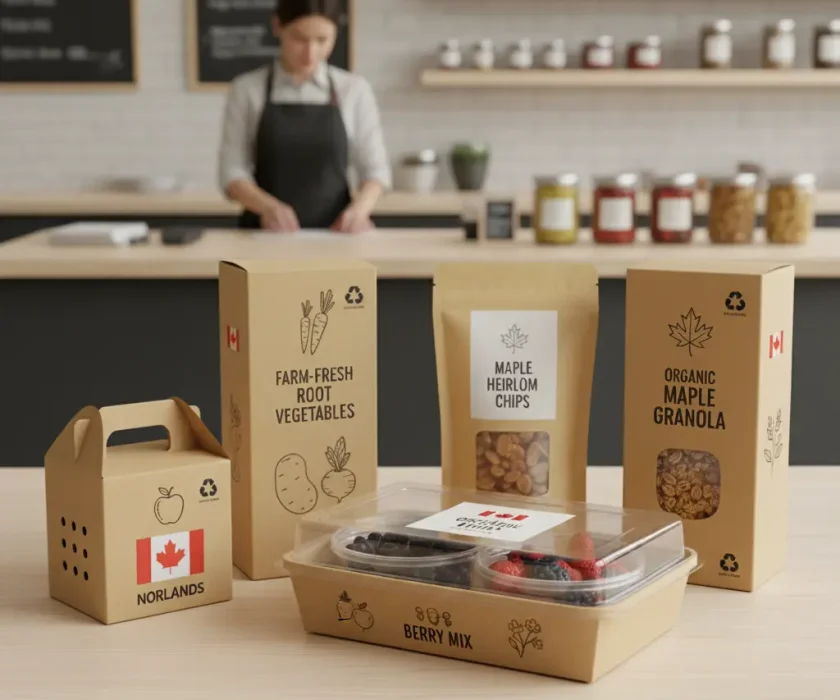 Top Corrugated Box Manufacturers in Canada Eco-friendly Norlands packaging showcasing a variety of Canadian food products, including granola, chips, fresh vegetables, and a berry mix, displayed on a counter in a modern shop.