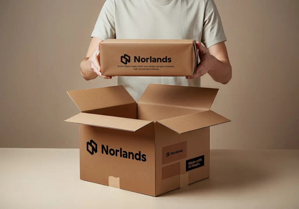Boxes for Sale in Vancouver-Person handling Norlands branded cardboard shipping boxes, with one smaller box being placed into a larger open carton, showcasing durable packaging solutions.
