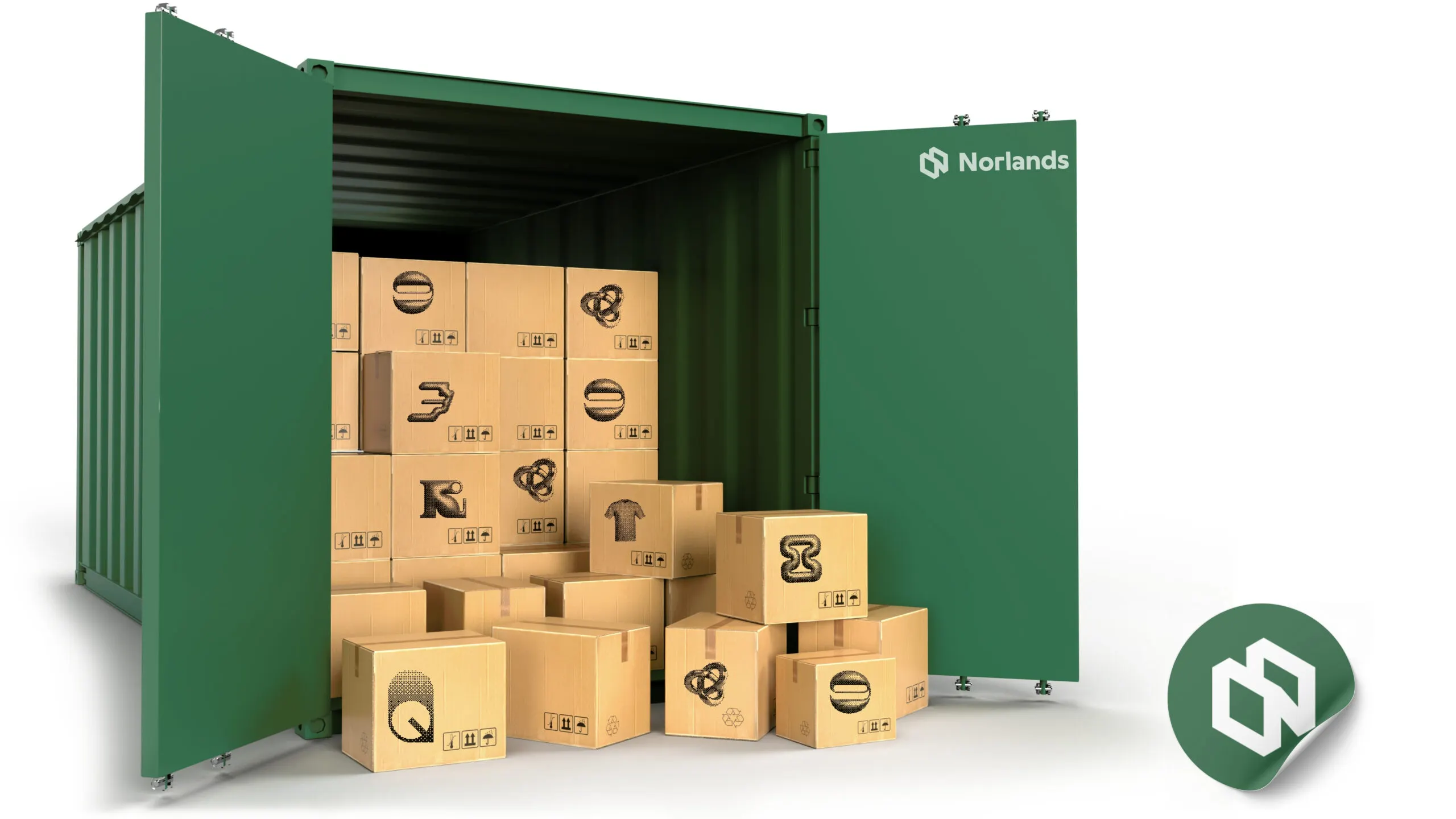 Open shipping container filled with Norlands-branded cardboard boxes neatly stacked, showcasing durability and large-scale packaging supply.