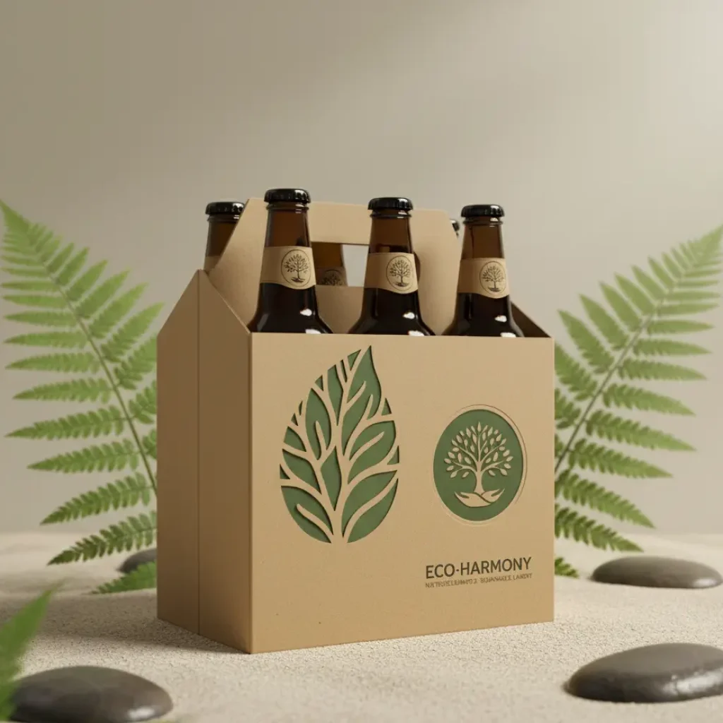 Eco-friendly cardboard beer carrier with six bottles, featuring green leaf and tree logos, placed on a natural surface with ferns and stones in the background.