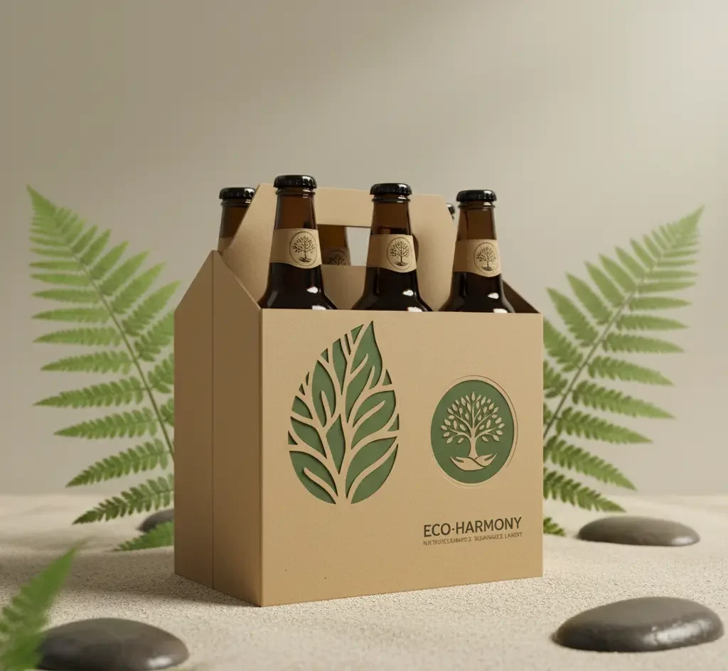 Eco-friendly cardboard beer carrier with six bottles, featuring green leaf and tree logos, placed on a natural surface with ferns and stones in the background.