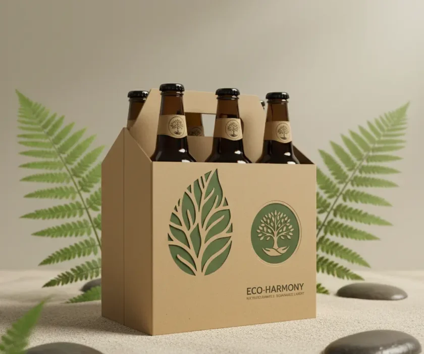 Eco-friendly cardboard beer carrier with six bottles, featuring green leaf and tree logos, placed on a natural surface with ferns and stones in the background.