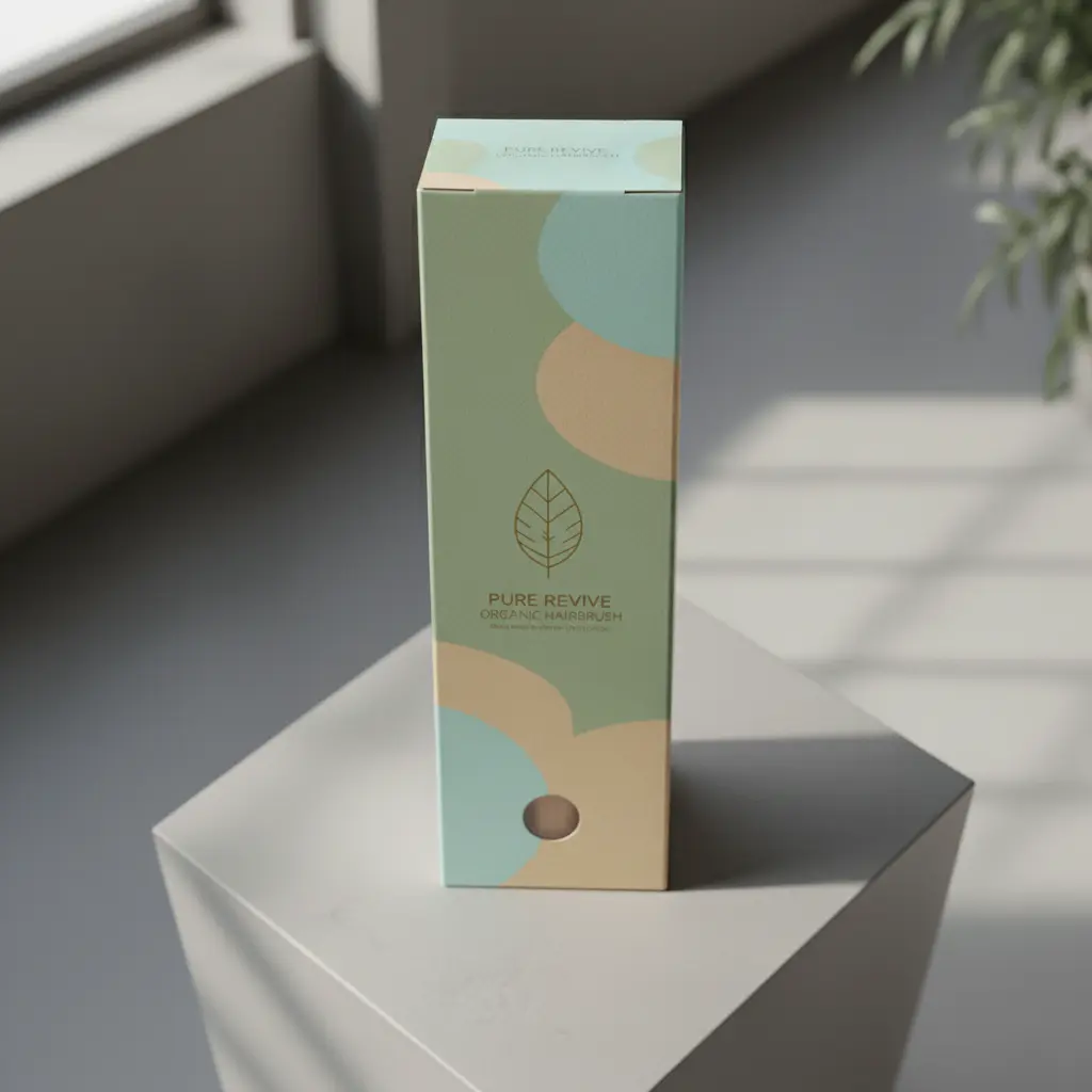 Eco-friendly packaging box in soft pastel colors, featuring minimalist leaf logo design and premium matte finish, photographed in natural light near a window.
