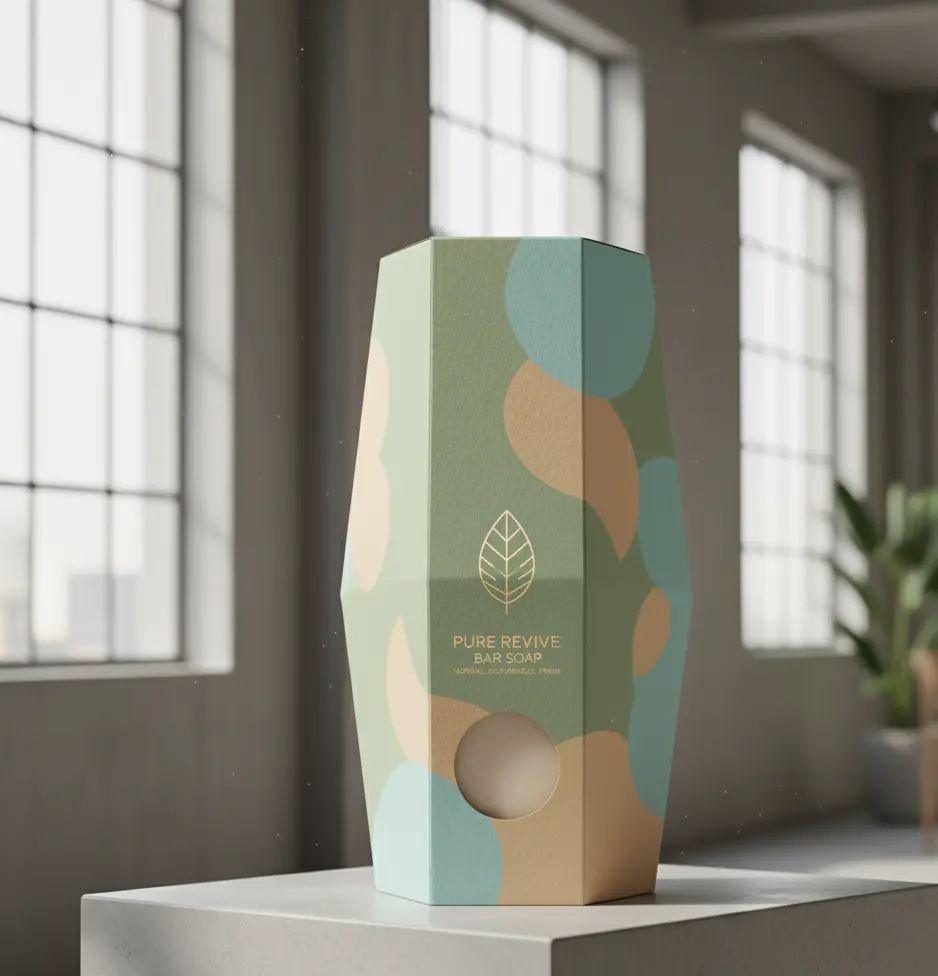 Eco-friendly pastel packaging box with curved geometric design and minimalist leaf logo, photographed in natural daylight inside a modern studio.