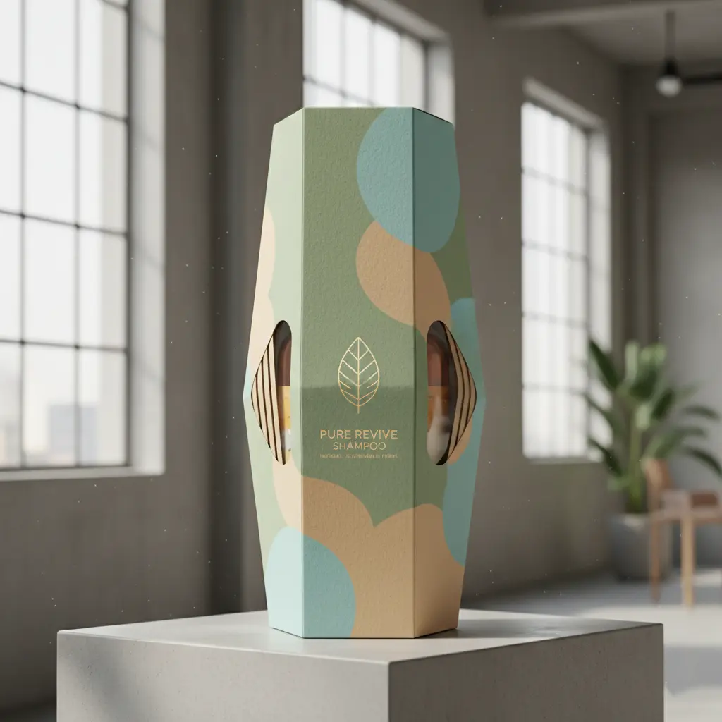 Eco-friendly geometric packaging box in pastel green and beige tones with circular cutouts and minimalist leaf logo, displayed in natural daylight by large windows.
