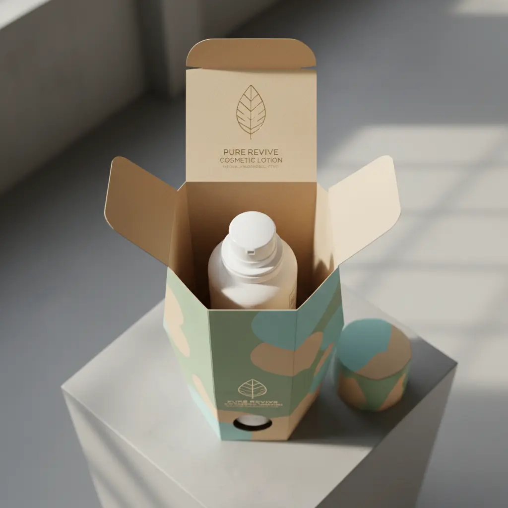 ALT text:Eco-friendly geometric packaging box in pastel green and beige tones with circular cutouts and minimalist leaf logo, displayed in natural daylight by large windows.