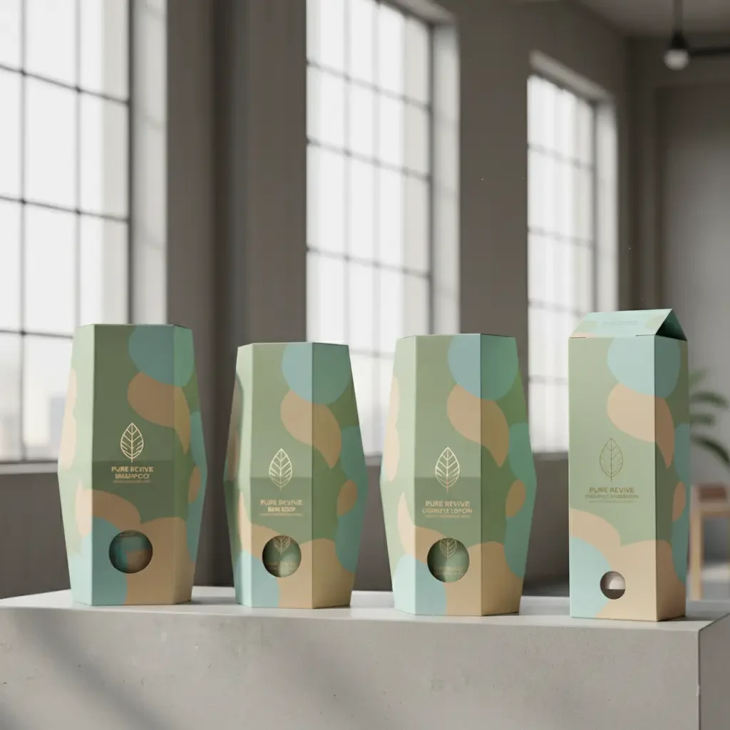 custom shipping boxes in canada.Set of eco-friendly pastel packaging boxes with abstract patterns and minimalist leaf logo, displayed in natural light on a neutral surface.
