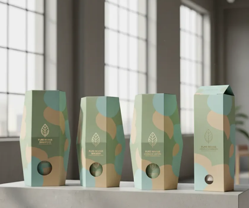 custom shipping boxes in canada.Set of eco-friendly pastel packaging boxes with abstract patterns and minimalist leaf logo, displayed in natural light on a neutral surface.