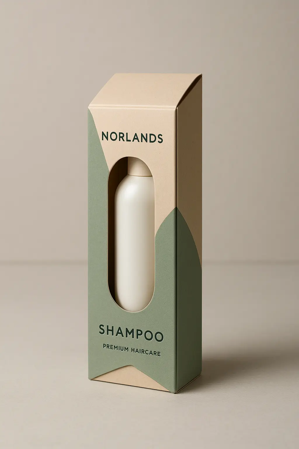 Eco-friendly rectangular shampoo packaging box in beige and green tones with a cut-out window revealing a white bottle inside. The box is branded with "Norlands" and labeled "Shampoo – Premium Haircare."