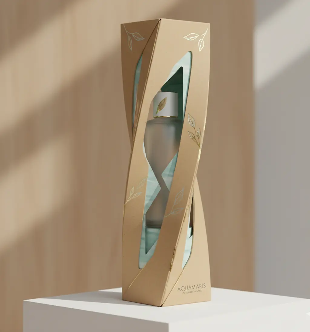 Custom Product Boxes in Canada- Elegant twisted cardboard packaging with cut-out windows showcasing a premium bottle inside, designed with golden leaf accents for a luxurious eco-friendly look.