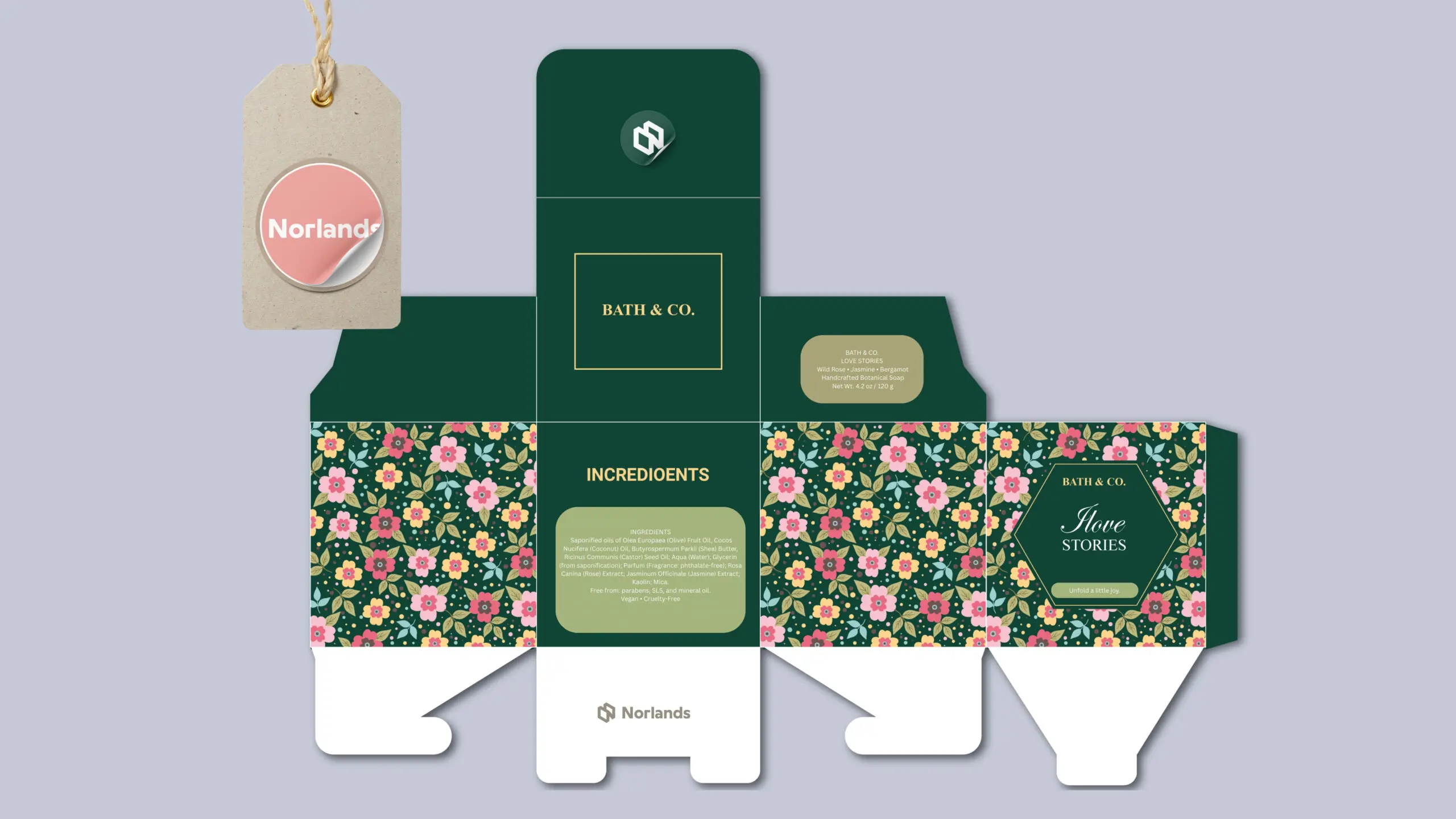 biodegradable packaging in Canada.Norlands flat-lay printed packaging for Bath & Co., featuring floral patterns and detailed product labeling.