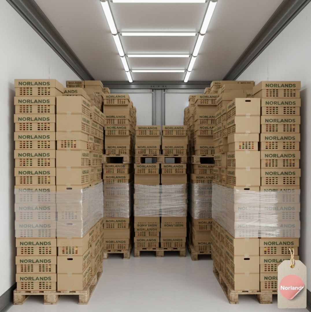 Stacks of Norlands produce boxes organized on pallets in a warehouse with bright lighting.