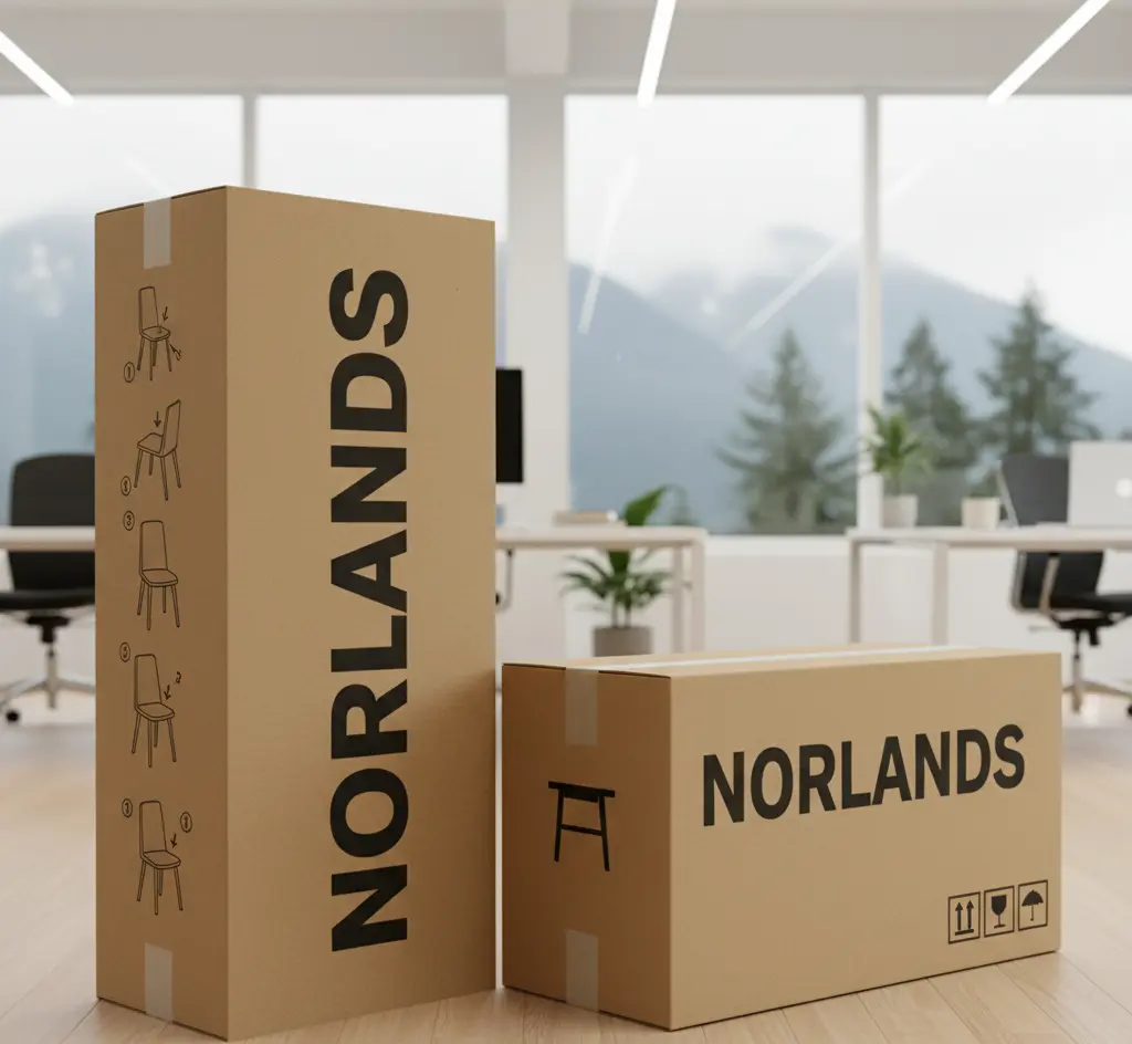 Two brown cardboard boxes with the brand name “NORLANDS” printed in bold black letters. The boxes, featuring minimalist chair icons, are placed in a modern office with large windows overlooking misty mountains and pine trees.