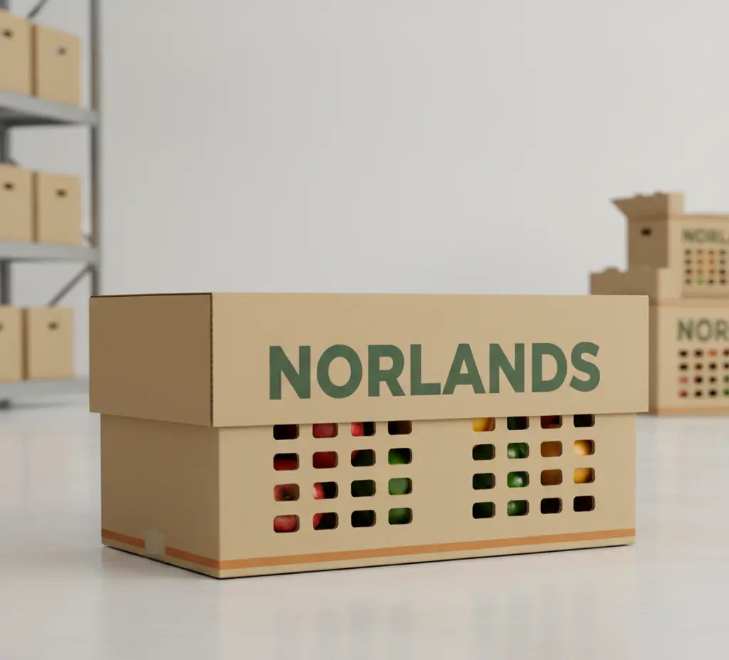 Norlands corrugated produce box with ventilation holes on warehouse floor. 