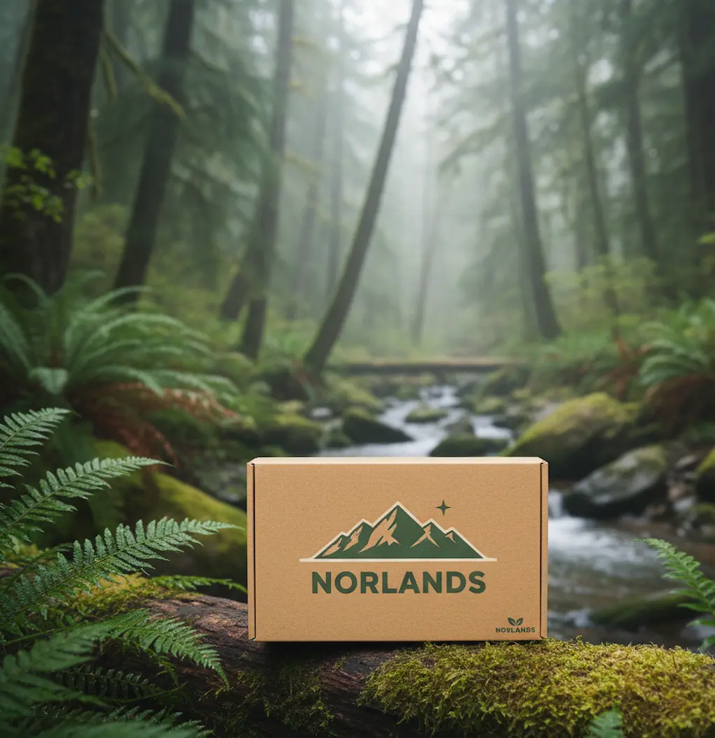 A cardboard box with the NORLANDS logo, featuring a mountain design, placed on a moss-covered log in a lush green forest with ferns and mist. A gentle stream flows in the background, surrounded by tall trees.