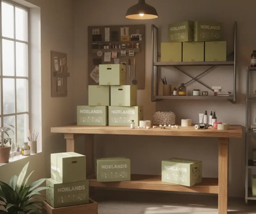 Top Packaging Companies in Canada A cozy workshop filled with stacked Norlands eco-friendly packaging boxes in soft green tones. Sunlight filters through the window, highlighting the natural, sustainable aesthetic of the workspace.