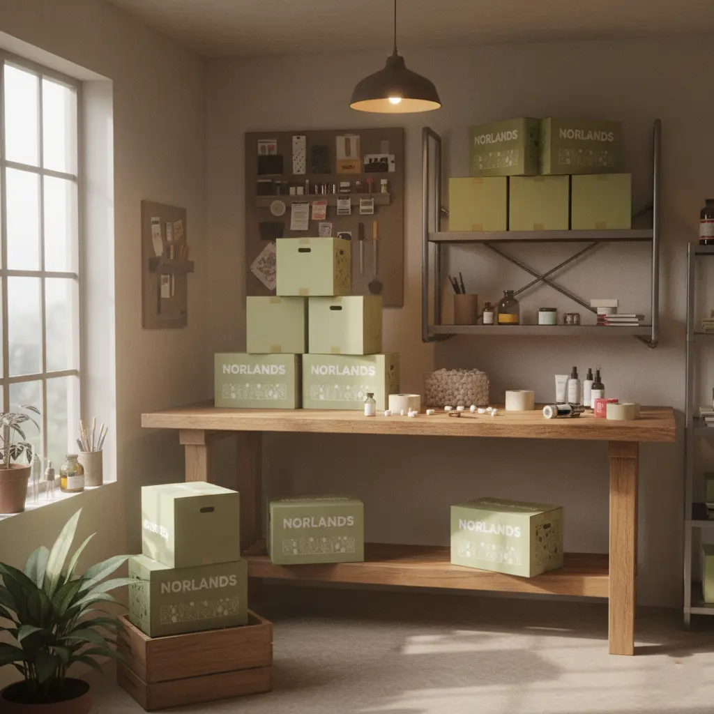 Top Packaging Companies in Canada A cozy workshop filled with stacked Norlands eco-friendly packaging boxes in soft green tones. Sunlight filters through the window, highlighting the natural, sustainable aesthetic of the workspace.