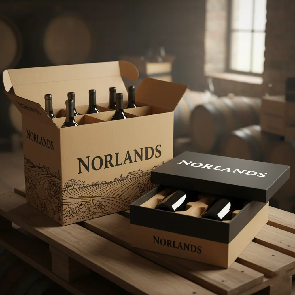 Norlands custom wine packaging boxes displayed in a rustic winery setting. One box holds multiple wine bottles in protective inserts, while a premium two-bottle presentation box features a sleek black lid. Wooden barrels in the background convey craftsmanship and authenticity.