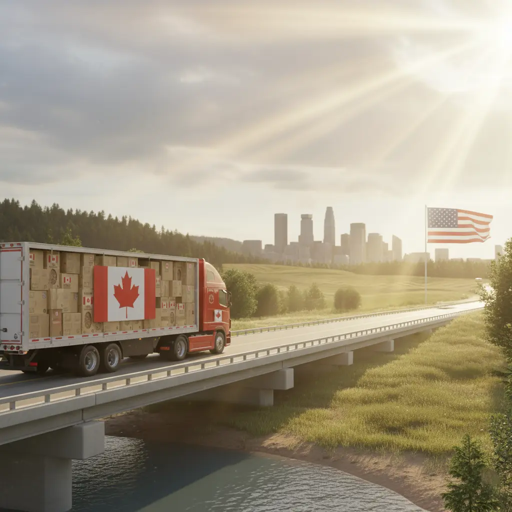 A red transport truck carrying Norlands packaging boxes with Canadian maple leaf logos crosses a bridge toward the U.S., with the American flag and city skyline in the background under warm sunlight.