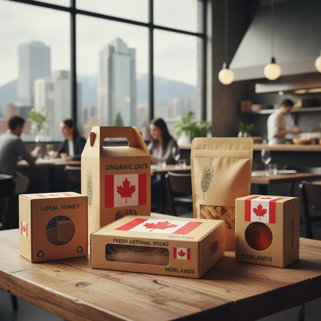 A selection of Norlands’ eco-friendly food packaging, including boxes and pouches for oats, honey, and bread, displayed on a wooden table in a modern Canadian café with a city skyline in the background.