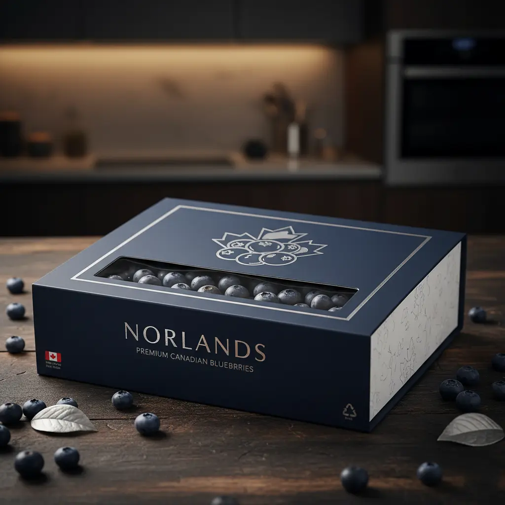 Norlands premium blueberry packaging box on wooden table with scattered blueberries.