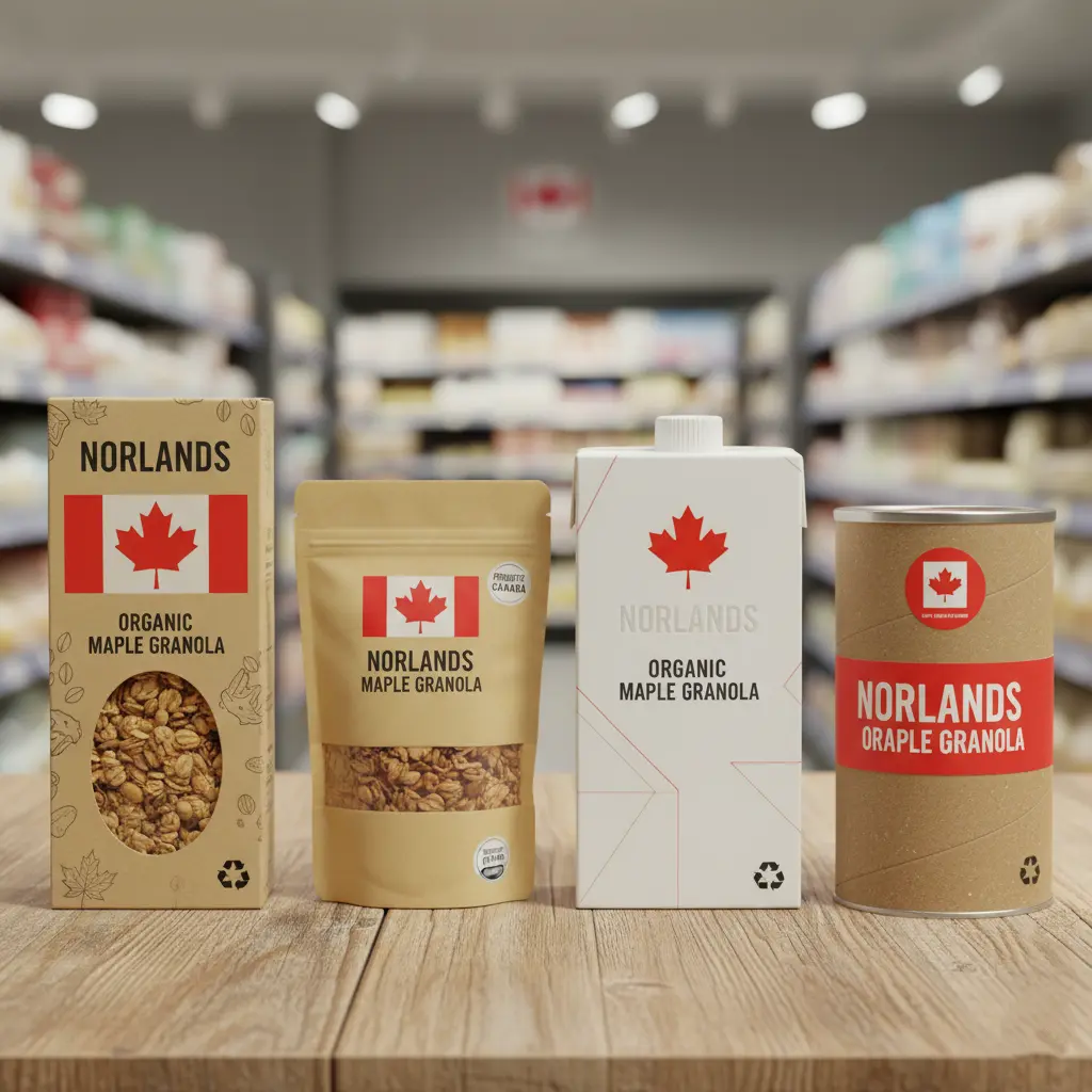A lineup of Norlands Organic Maple Granola packages in various eco-friendly containers, including box, pouch, carton, and tube formats, displayed on a wooden surface in a grocery store aisle.