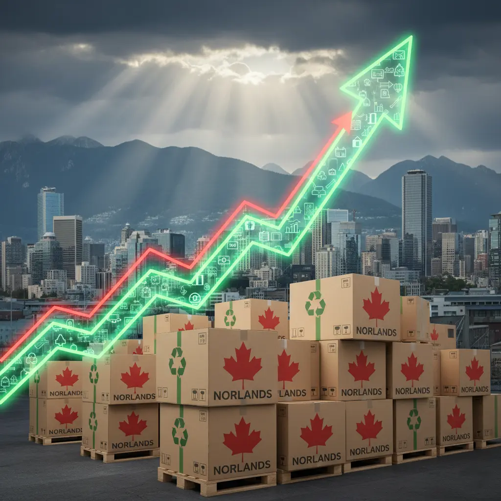 Stacks of Norlands shipping boxes with red maple leaf logos placed in front of the Vancouver skyline. A glowing green arrow rises upward, symbolizing growth, sustainability, and Canadian industry progress.
