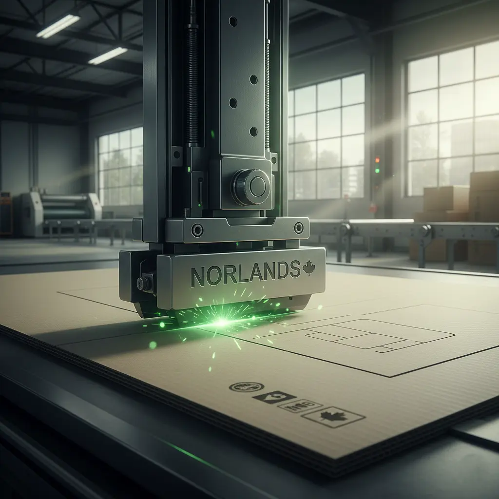 Cutting Dies in Canada, High-precision die-cutting machine engraving cardboard sheets with a green laser beam, showcasing Norlands’ advanced cutting dies technology in a modern Canadian packaging facility.