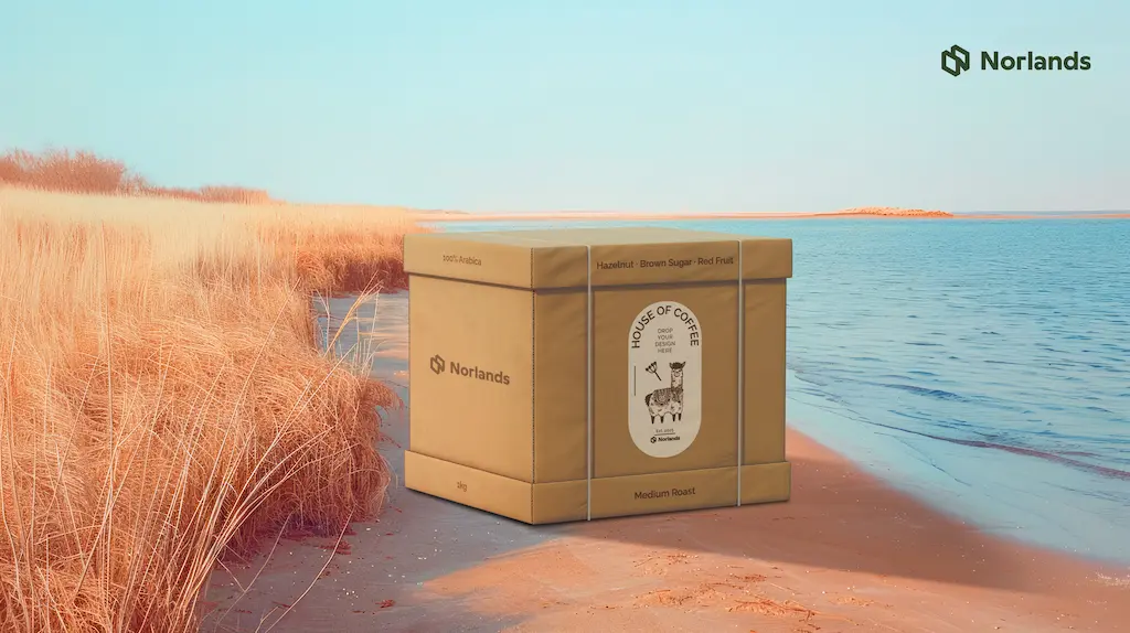 "Eco-friendly custom cardboard box by Norlands placed on a serene beach landscape, showcasing premium packaging design — Boxes in Vancouver."