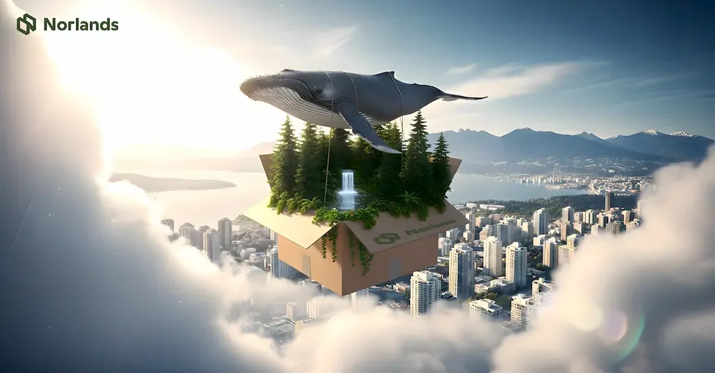boxes in Vancouver: “Eco-themed illustration of a Norlands cardboard box floating above Vancouver, filled with trees, a waterfall, and a whale symbolizing sustainability and nature-friendly packaging.”