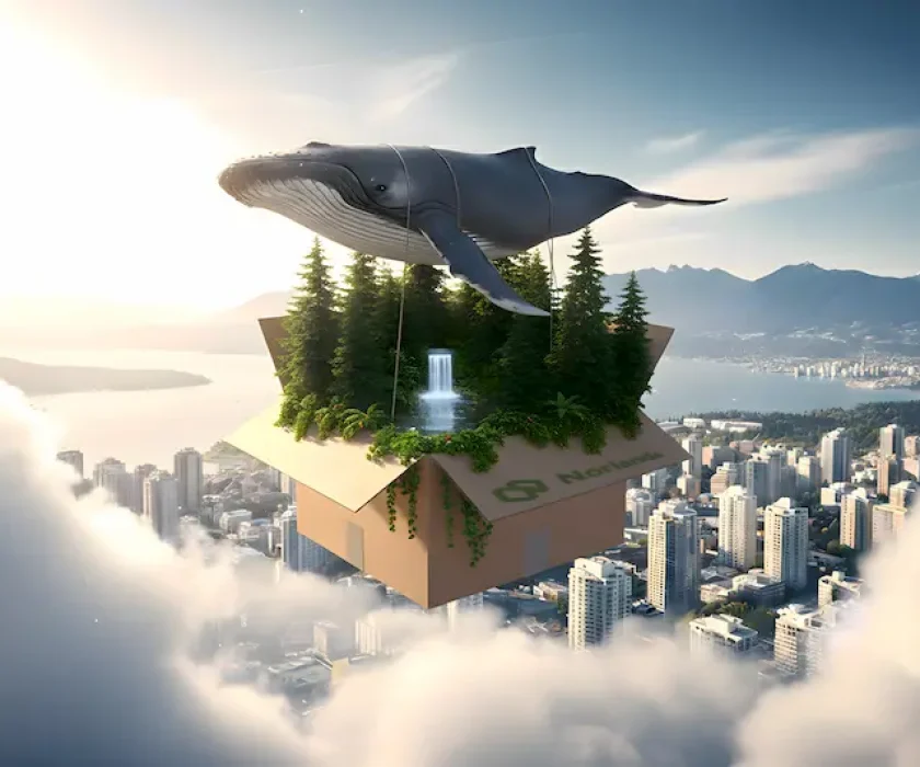 boxes in Vancouver: “Eco-themed illustration of a Norlands cardboard box floating above Vancouver, filled with trees, a waterfall, and a whale symbolizing sustainability and nature-friendly packaging.”