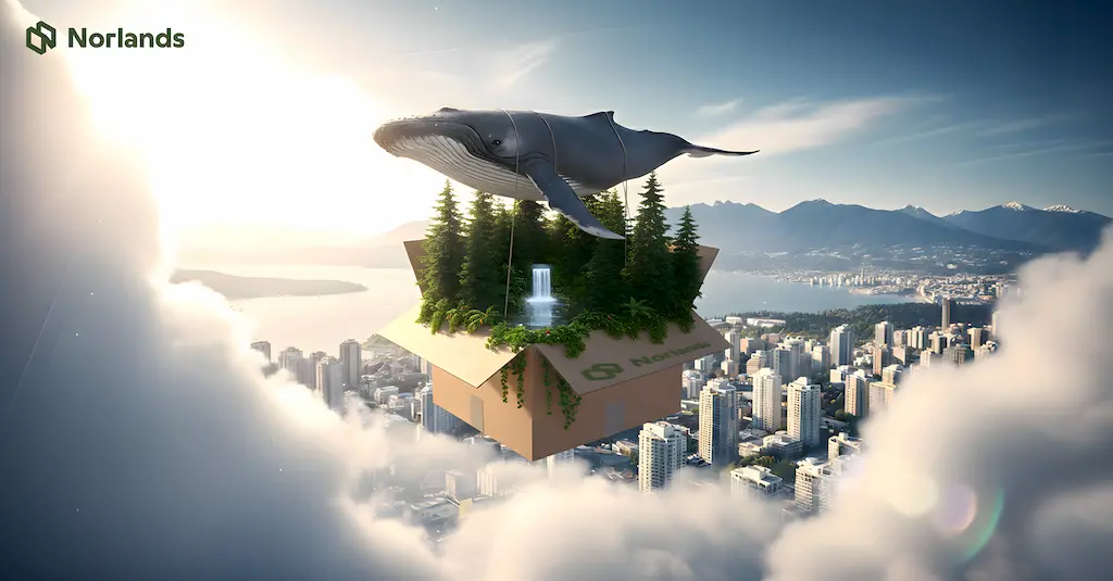boxes in Vancouver: “Eco-themed illustration of a Norlands cardboard box floating above Vancouver, filled with trees, a waterfall, and a whale symbolizing sustainability and nature-friendly packaging.”