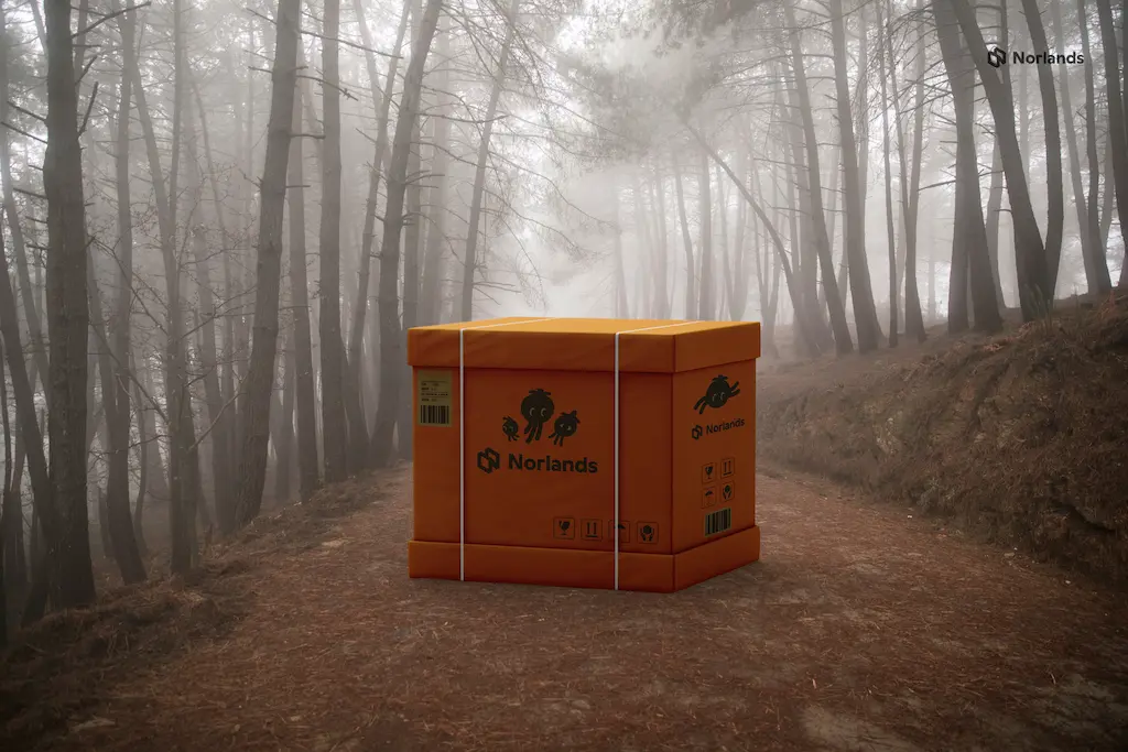 "Bright orange Norlands packaging box placed on a foggy forest trail, representing durable and eco-focused Boxes in Vancouver."