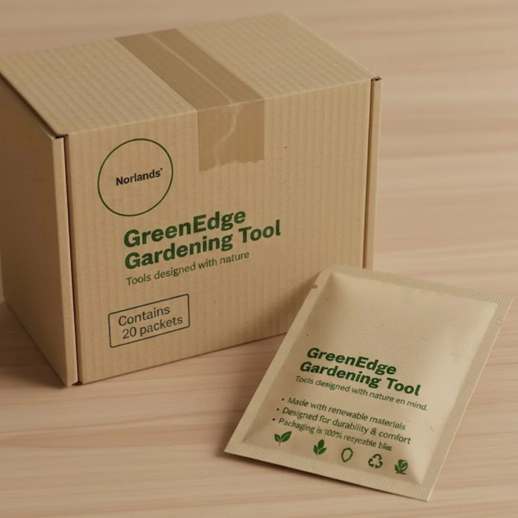 Eco-friendly Norlands packaging box and sachet displayed on a wooden surface, highlighting sustainable design and durable construction as part of premium custom cardboard boxes in Canada.