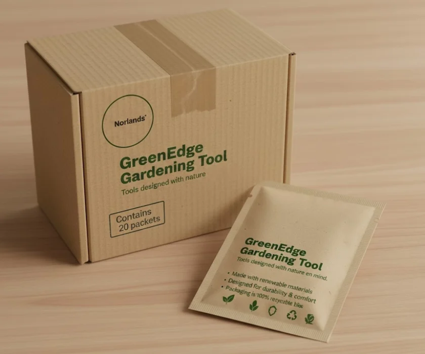 Eco-friendly Norlands packaging box and sachet displayed on a wooden surface, highlighting sustainable design and durable construction as part of premium custom cardboard boxes in Canada.