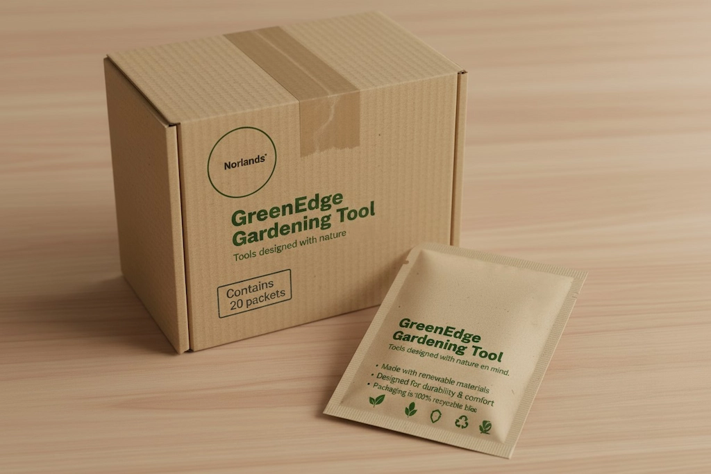 Eco-friendly Norlands packaging box and sachet displayed on a wooden surface, highlighting sustainable design and durable construction as part of premium custom cardboard boxes in Canada.