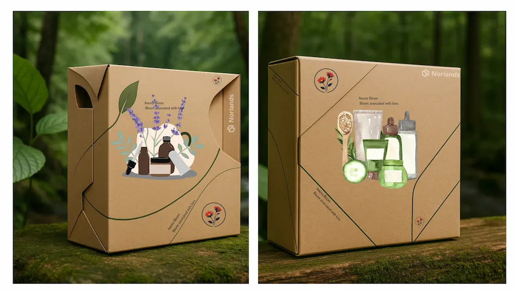 "Two eco-friendly Norlands packaging boxes featuring botanical illustrations, displayed in a lush forest environment — premium sustainable Boxes in Vancouver."