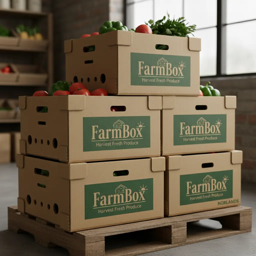 A stack of FarmBox crates labeled “Harvest Fresh Produce” sits on a wooden pallet in a rustic warehouse, filled with fresh vegetables like tomatoes and peppers. The boxes feature the NORLANDS branding below the FarmBox logo.