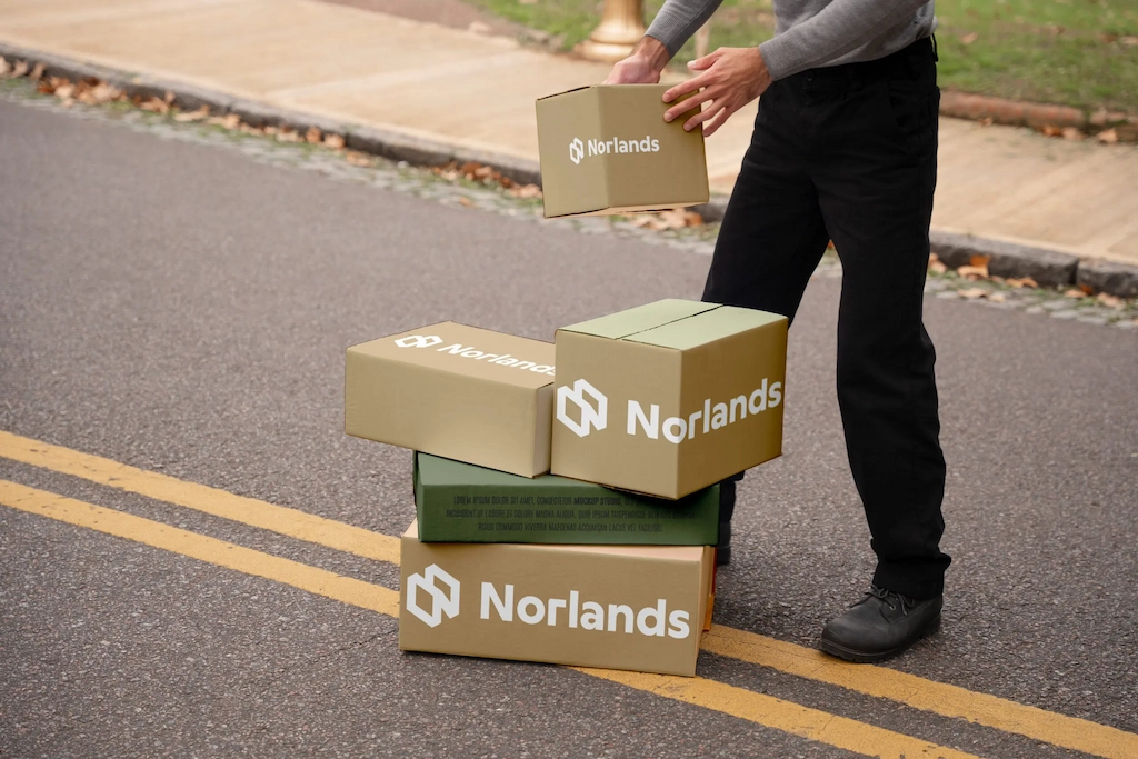 A person handling stacked Norlands branded shipping boxes on a street, showcasing durable and well-designed custom cardboard boxes in Canada for delivery and logistics.