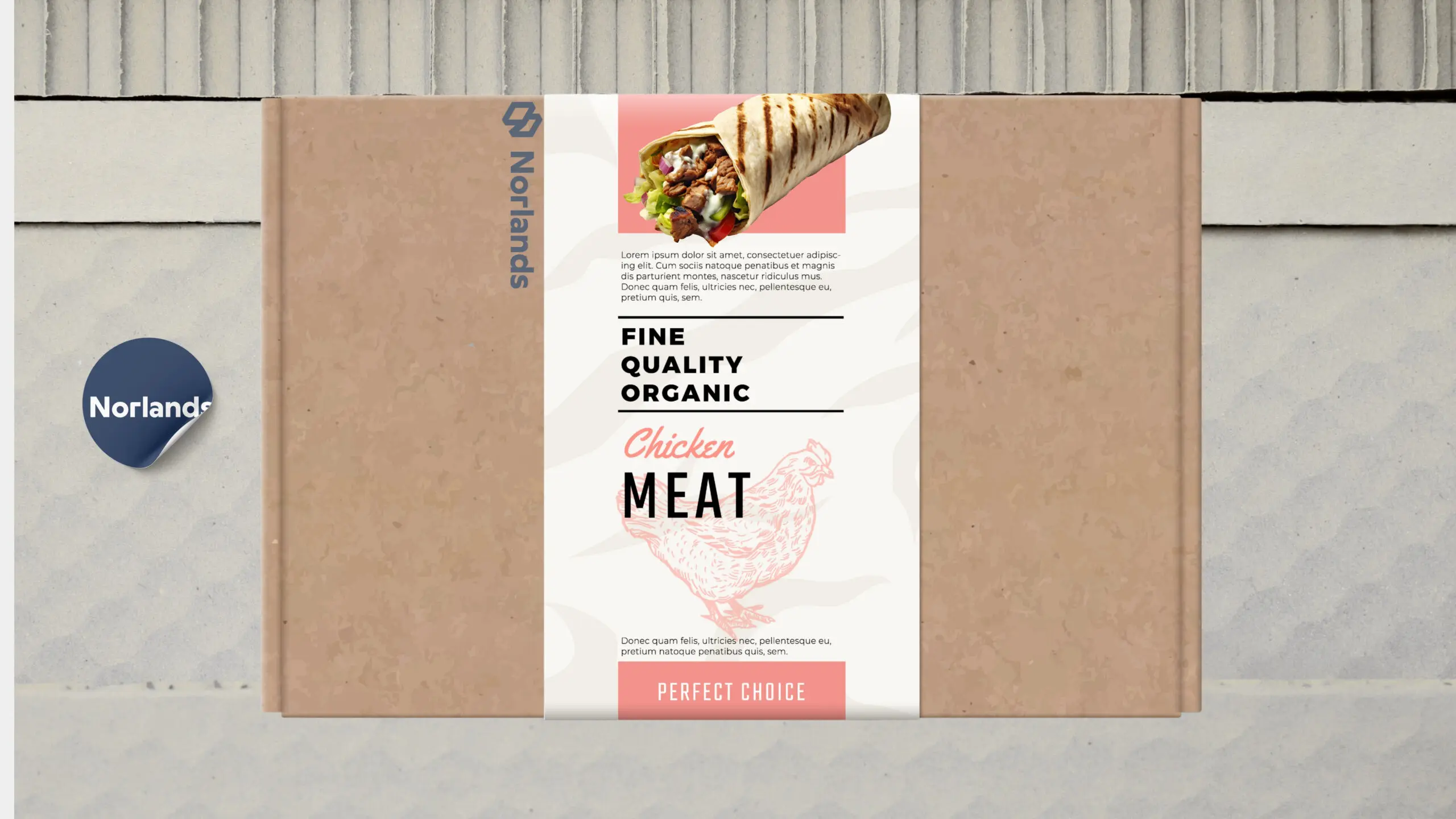 Eco-friendly cardboard food packaging box labeled “Fine Quality Organic Chicken Meat,” featuring Norlands branding and minimalist design for premium product presentation.