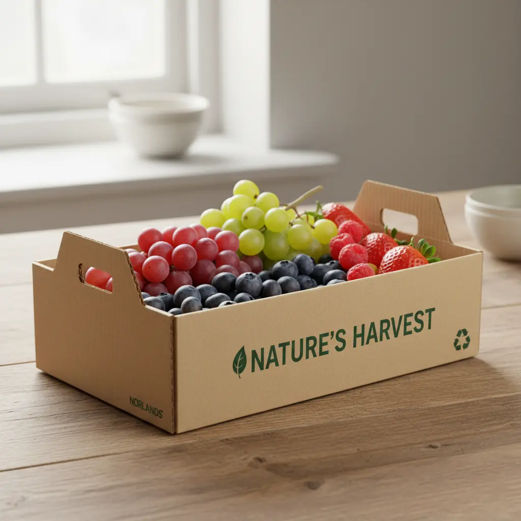 Cardboard box labeled “Nature’s Harvest” filled with fresh grapes and berries on a wooden table.