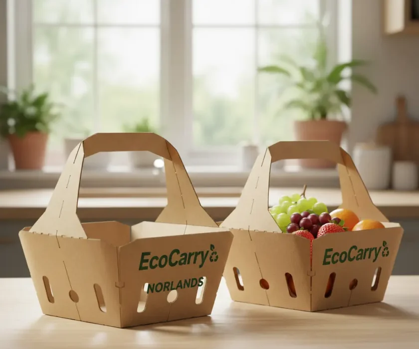 Two EcoCarry NORLANDS cardboard baskets sit on a wooden kitchen counter, one filled with fresh fruits like grapes and oranges, the other empty. Sunlight streams through a large window with potted plants in the background.