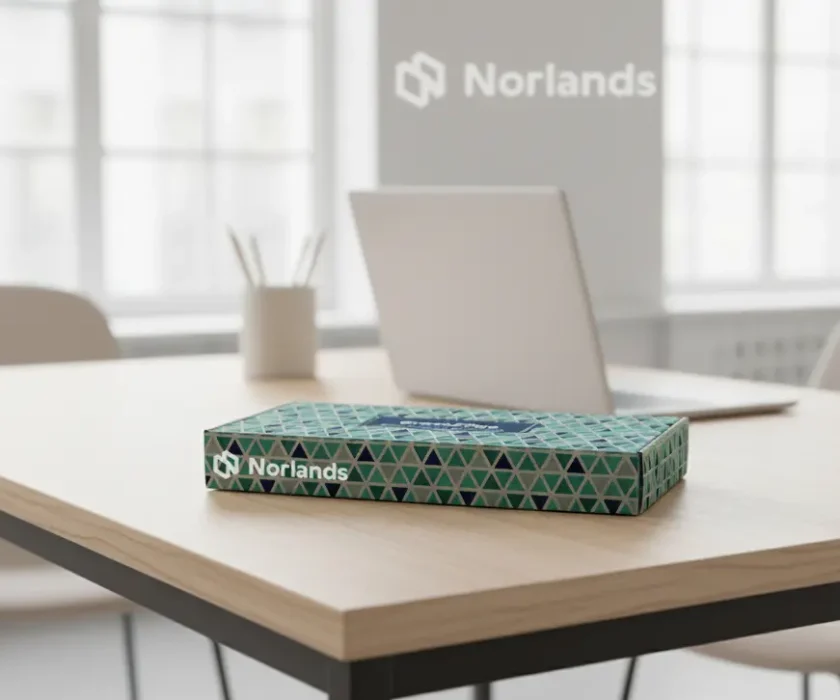 "Modern custom-printed Norlands box placed on a minimalist office desk, showcasing premium Custom Box Printing in Canada."