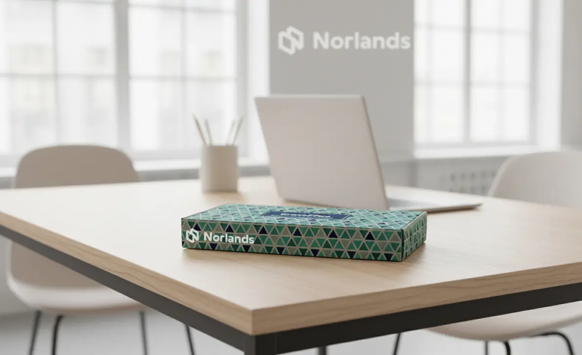 "Modern custom-printed Norlands box placed on a minimalist office desk, showcasing premium Custom Box Printing in Canada."