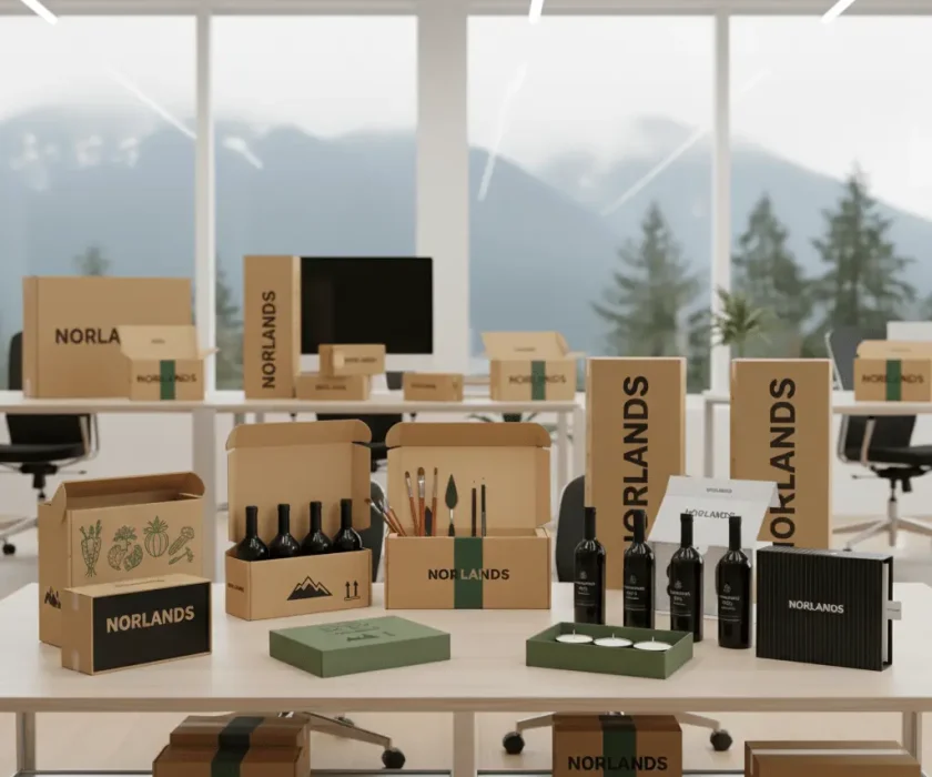 "Branded custom corrugated boxes and premium product packaging displayed in a modern workspace by a Packaging Company in Vancouver, showcasing eco-friendly and high-quality packaging solutions."