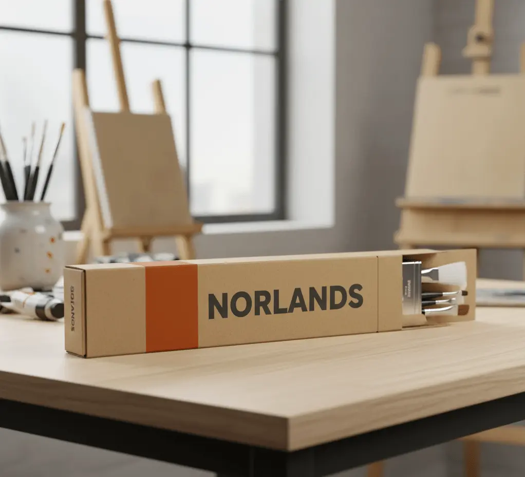 "Custom printed Norlands brush packaging box displayed in an art studio, designed by a leading Packaging Company in Vancouver specializing in durable and branded packaging solutions."