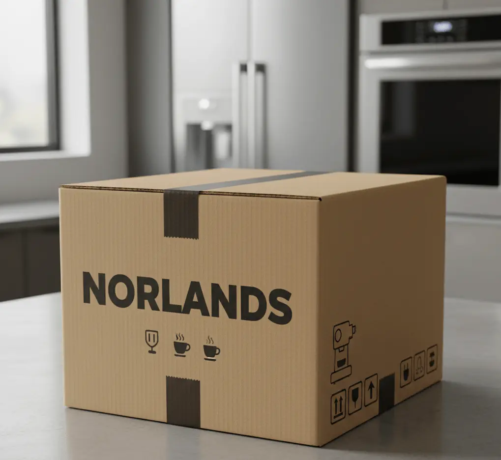 "Durable Norlands corrugated shipping box on a kitchen counter, showcasing high-quality packaging designed by a leading Packaging Company in Vancouver."