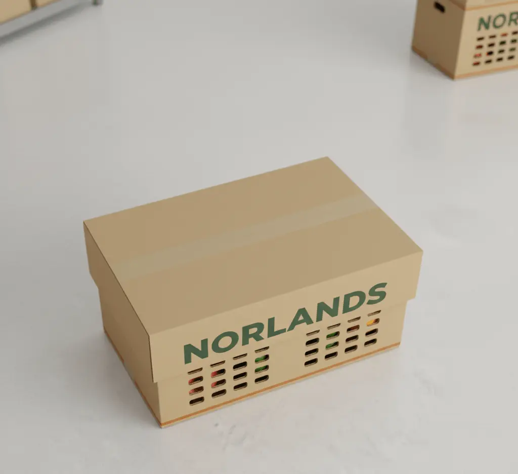 "Ventilated Norlands produce packaging box designed for fresh goods, manufactured by a sustainable Packaging Company in Vancouver."