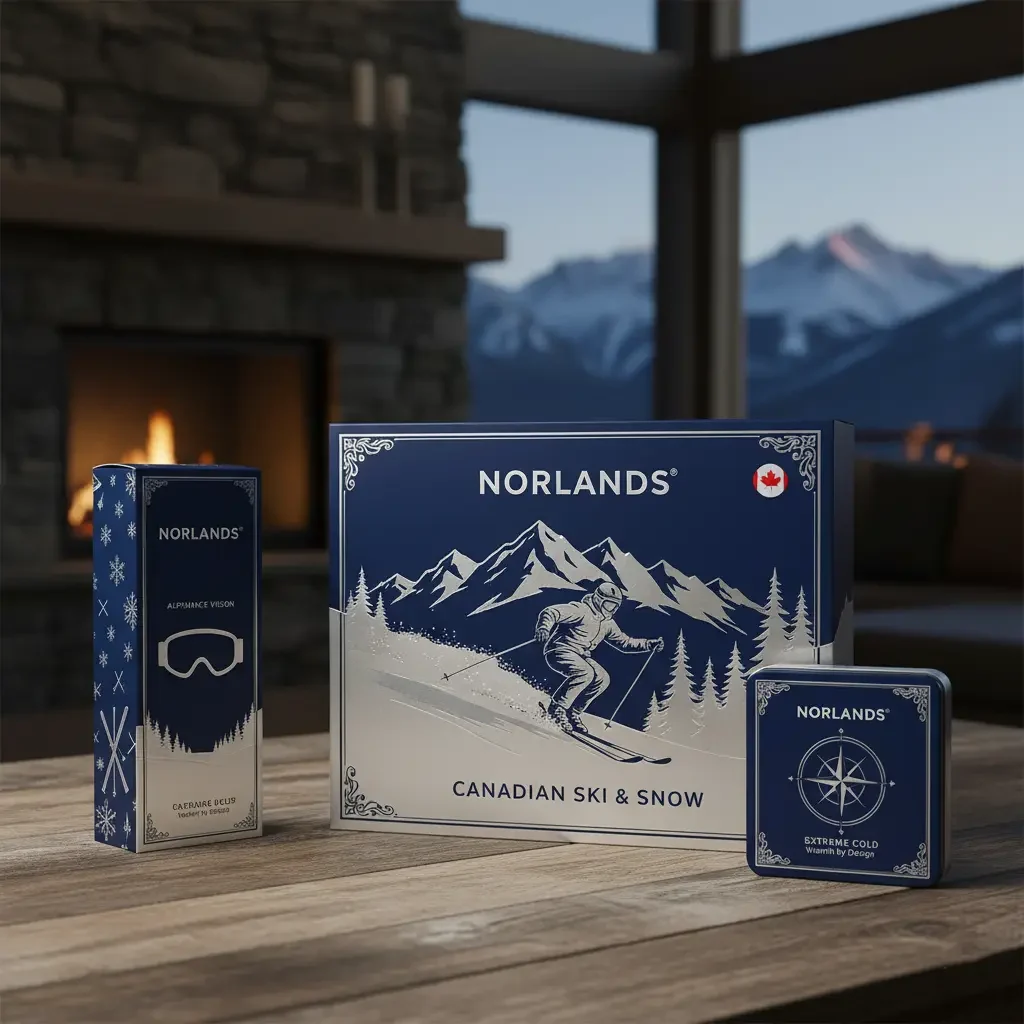 "Norlands Canadian ski and snow packaging set featuring winter-themed illustrations in navy blue and silver, showcasing premium Packaging Design in Canada inside a cozy cabin with mountain views."