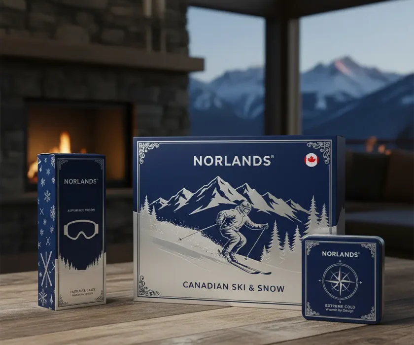 "Norlands Canadian ski and snow packaging set featuring winter-themed illustrations in navy blue and silver, showcasing premium Packaging Design in Canada inside a cozy cabin with mountain views."